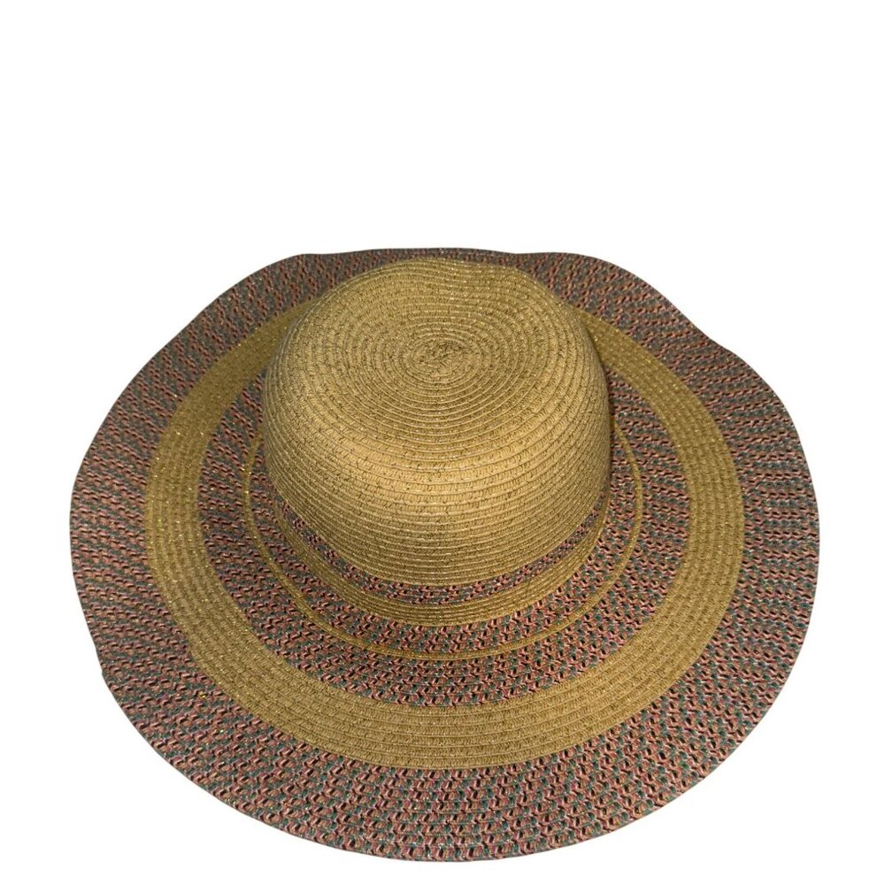 Target Womens Sun Hat Beige/Pink/Turquoise Stripes Wide Brim Beachy Boho Shiny